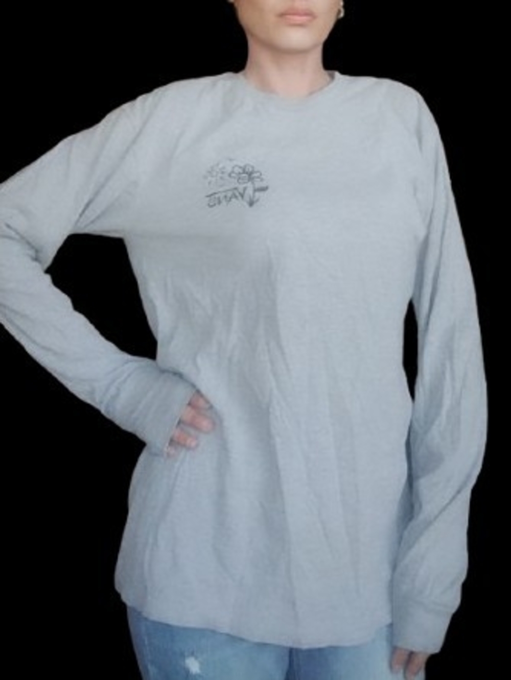 Women's Long Sleeve Crewneck Top in Light Gray with Chest Motif